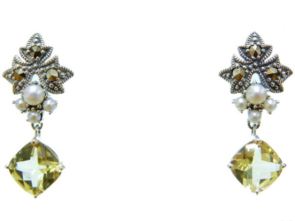 SILVER 925 EARRING WITH MARCASITE, PEARL AND LEMON QUARTZ