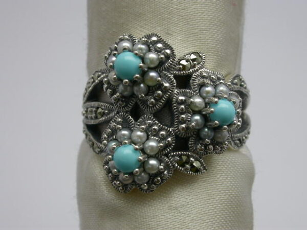 SILVER 925 RING WITH MARCASITE, PEARL AND TURQUOISE