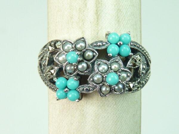 SILVER 925 RING WITH MARCASITE, PEARL AND TURQUOISE