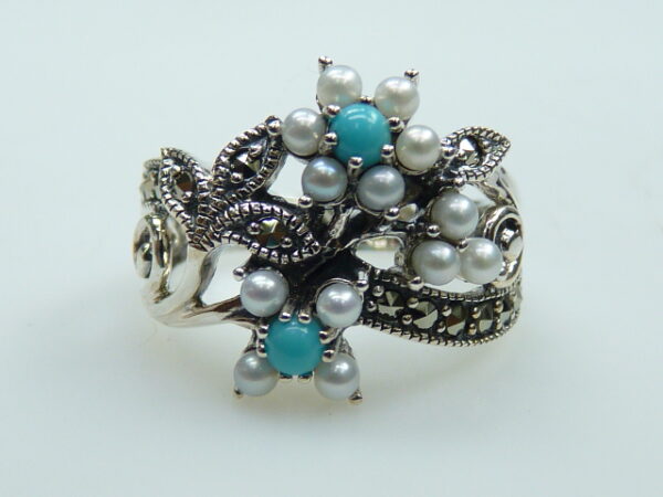 SILVER 925 RING WITH MARCASITE, PEARL AND TURQUOISE