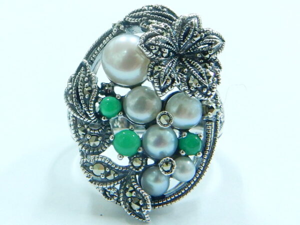 SILVER 925 RING WITH MARCASITE, PEARL AND GREEN AGATE