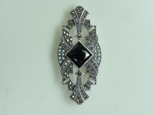 SILVER 925 BROOCH & PENDANT WITH MARCASITE,PEARL AND ONYX