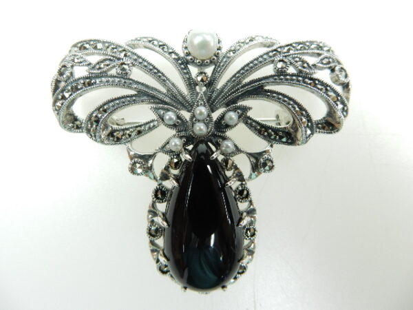 SILVER 925 BROOCH & PENDANT WITH MARCASITE,PEARL AND ONYX