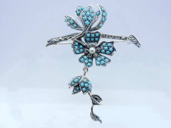 SILVER 925 BROOCH WITH PEARL, MARCASITE AND TURQUOISE