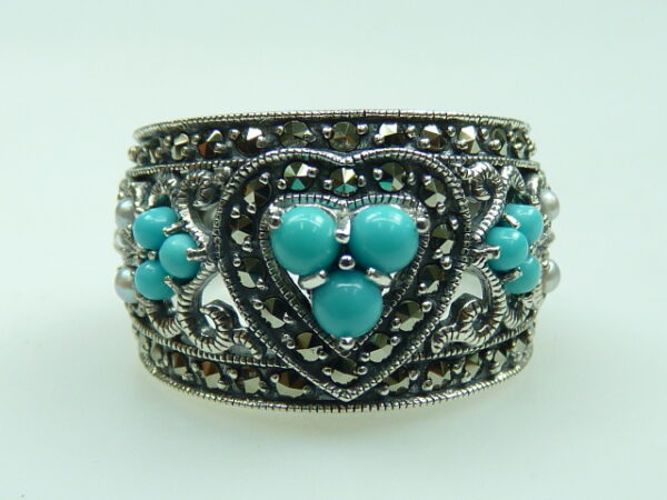 SILVER 925 RING WITH MARCASITE,PEARL AND TURQUOISE