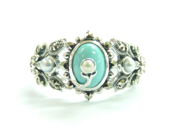 SILVER 925 RING WITH MARCASITE, PEARL AND TURQUOISE