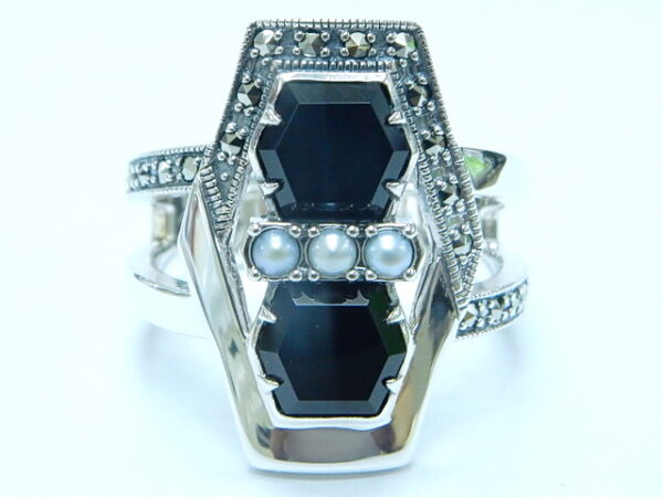 SILVER 925 RING WITH MARCASITE,PEARL AND ONYX
