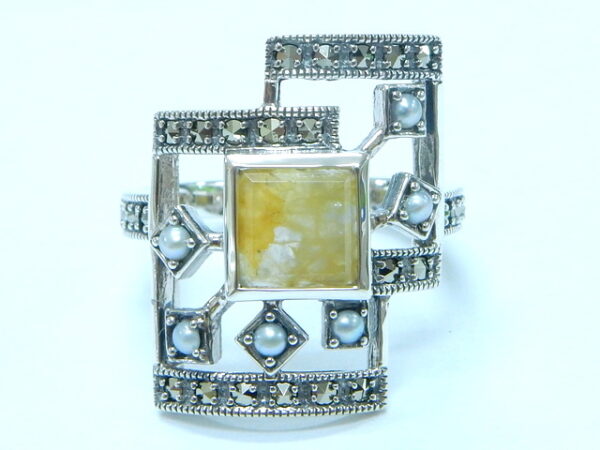SILVER 925 RING WITH MARCASITE,PEARL AND YELLOW QUARTZ