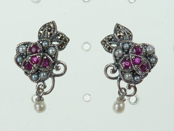 SILVER 925 EARRING WITH MARCASITE, PEARL AND RUBY
