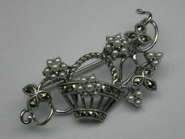 Pearl Flower Basket Silver Brooch