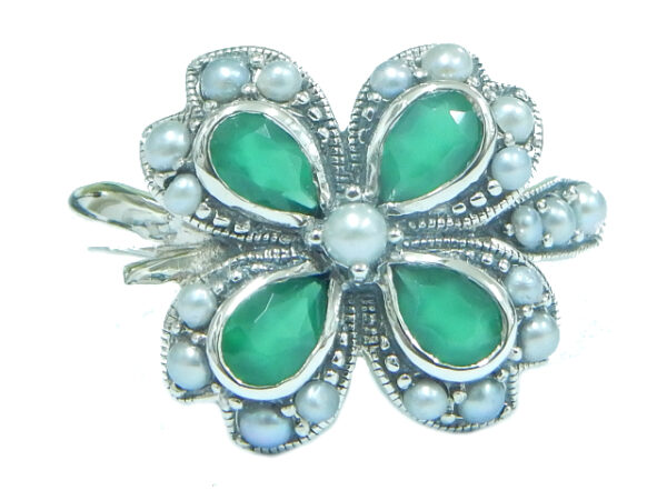 4 Leaf Clover Ring with Green Agate and Pearls