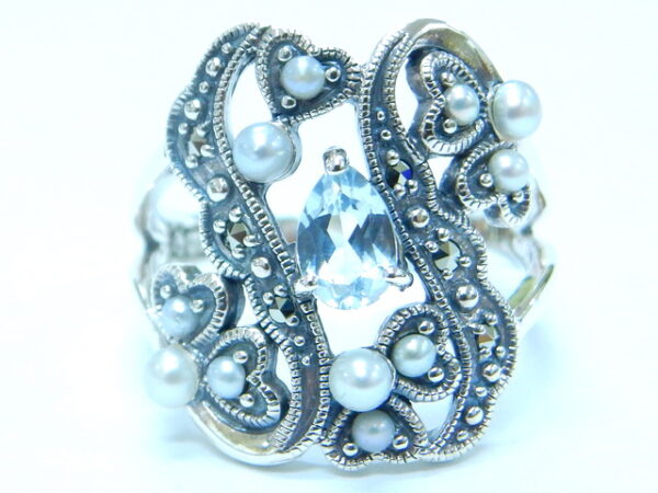 SILVER 925 RING WITH MARCASITE, PEARL AND SKY BLUE TOPAZ