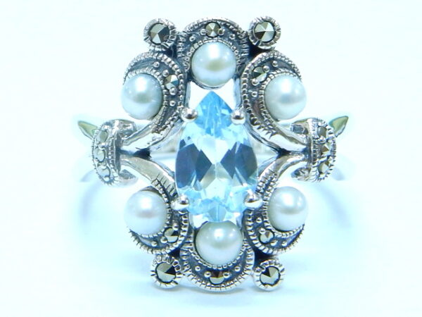 SILVER 925 RING WITH MARCASITE, PEARL AND SKY BLUE TOPAZ