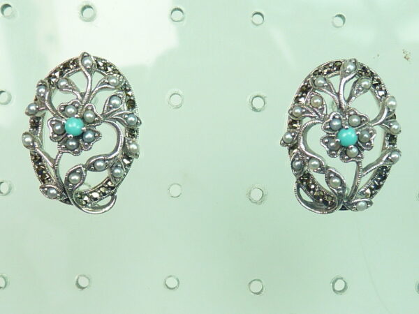 925 SILVER EARRING WITH MARCASITE, PEARL AND TURQUOISE