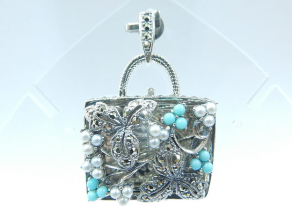 SILVER 925 PENDANT WITH MARCASITE,PEARL AND TURQUOISE