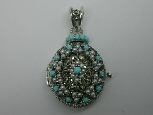 925 SILVER PENDANT WITH TURQUOISE, PEARL AND MARCASITE