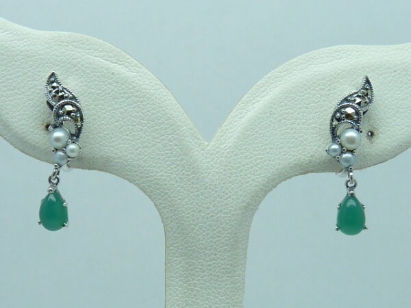 SILVER 925 EARRING WITH GREEN AGATE,MARCASITE AND PEARL