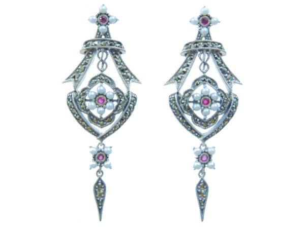 SILVER 925 EARRING WITH MARCASITE,PEARL AND RUBY