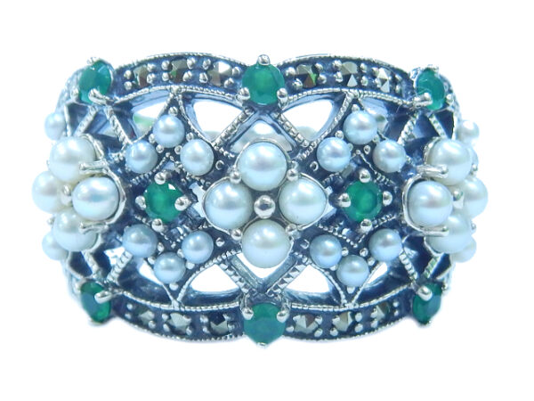 SILVER 925 RING WITH MARCASITE, PEARL AND GREEN AGATE