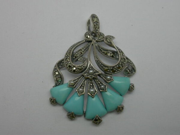 925 SILVER PENDANT WITH MARCASITE, PEARL AND TURQUOISE