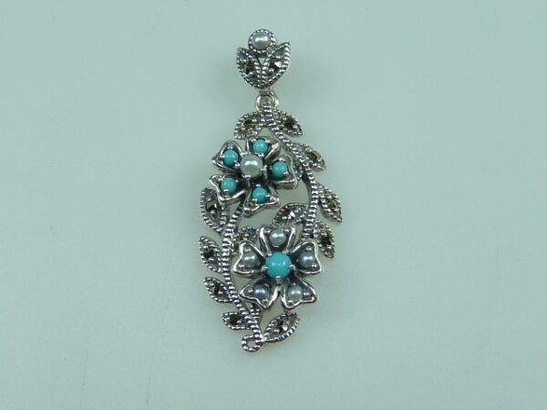 SILVER 925 PENDANT WITH MARCASITE,PEARL AND TURQUOISE