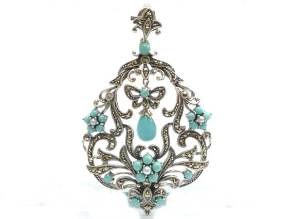 SILVER 925 PENDANT WITH MARCASITE,PEARL AND TURQUOISE