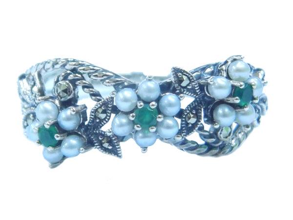SILVER 925 RING WITH MARCASITE, PEARL AND EMERALD