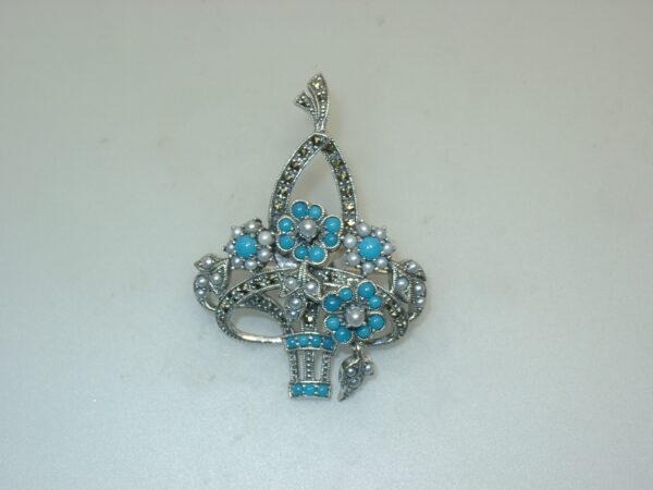 SILVER 925 BROOCH & PENDANT WITH MARCASITE, PEARL AND TURQUOISE
