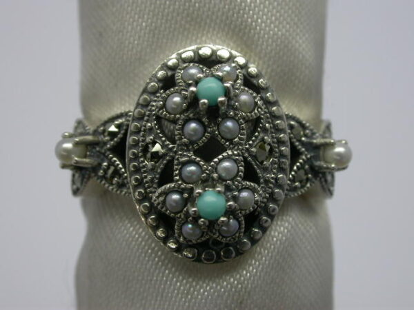 SILVER 925 RING WITH MARCASITE, PEARL AND TURQUOISE