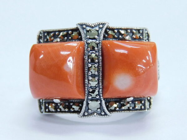 SILVER 925 RING WITH ORANGE STONE AND MARCASITE
