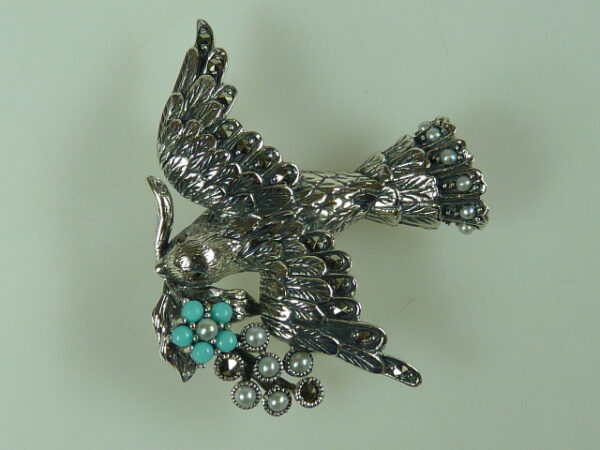SILVER 925 BROOCH & PENDANT WITH MARCASITE, PEARL AND TURQUOISE