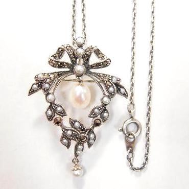 SILVER 925 BROOCH & PENDANT WITH MARCASITE AND PEARL