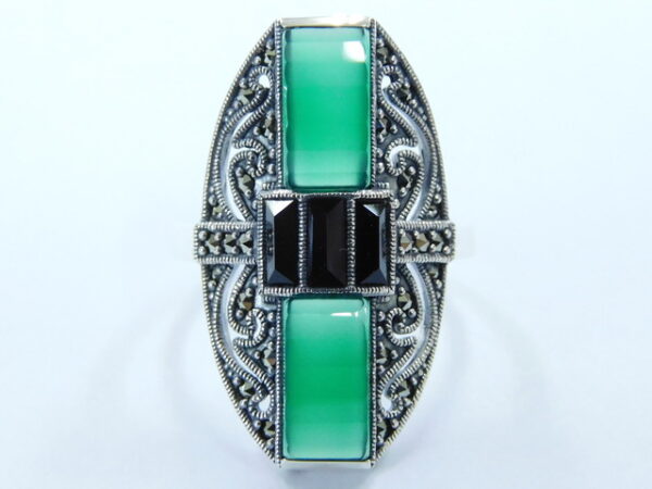 SILVER 925 RING WITH MARCASITE ,ONYX AND GREEN AGATE
